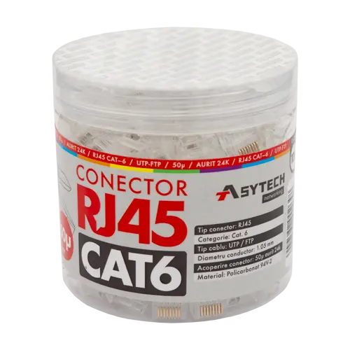 Mufă RJ45 UTP Cat.6 aurită 50µ, borcan 100 bucăți, ASYTECH Networking RJ45-CAT6-50U-JAR