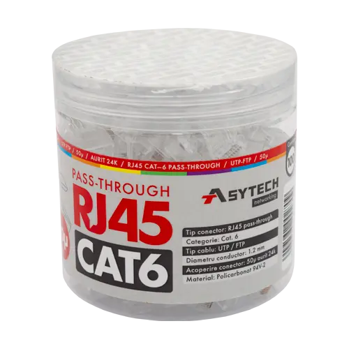 Mufă RJ45 UTP Cat.6 Pass-Through, 8 pini auriti 50µ, borcan 100 buc. (ASYTECH RJ45-CAT6-EZ-50U-JAR)