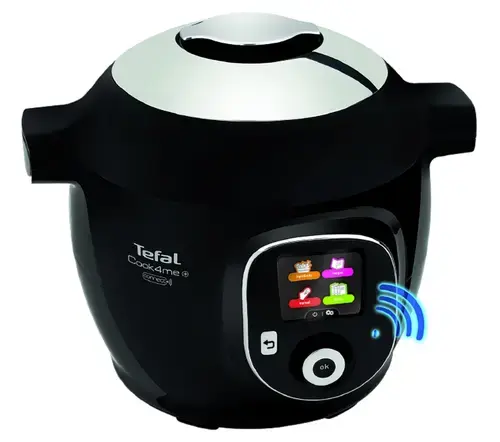 Multicooker inteligent cu gatire sub presiune Tefal Cook4Me+ Connect CY855830, 1600W, 6 moduri de gatire, Instructiuni pas cu pas, 150 de retete, Compatibil cu aplicatia dedicata, Capacitate 6L, Vas cu invelis ceramic, Negru