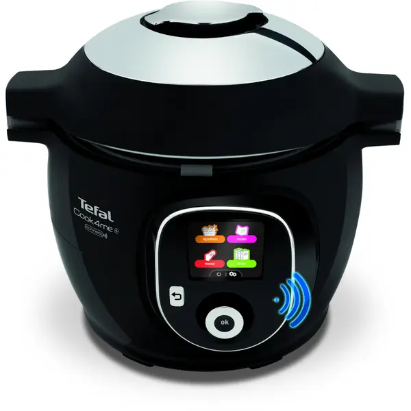 Multicooker inteligent Tefal Cook4Me+ Connect CY855830, 1600 W, 6L, 6 moduri de gatire, conexiune bluethooth, invelis ceramic antiaderent, aplicatie dedicata, 150 de retete, negru