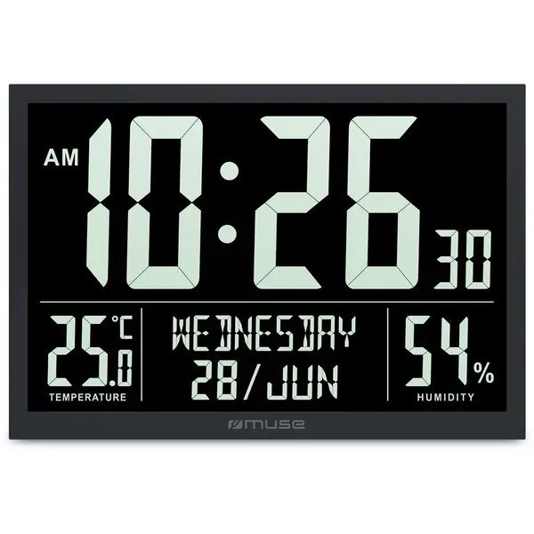 MUSE Ceas de perete MUSE Wall Clock, Alb, Afisaj LCD, Termometru, Higrometru, Alarma