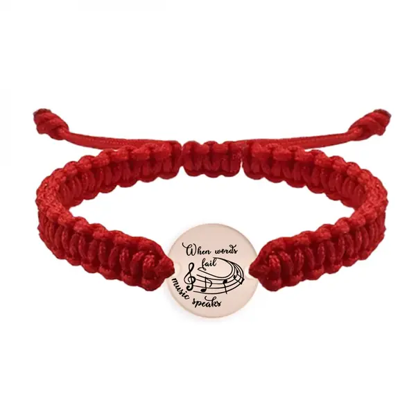 Music - Bratara personalizata snur impletit pentru iubitorii de muzica "When words fail, music speaks" din argint 925 placat cu aur roz