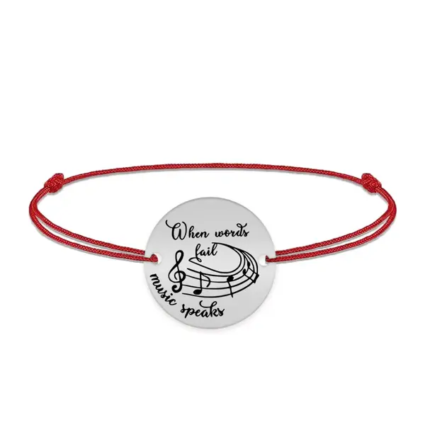Music - Bratara personalizata snur simplu pentru iubitorii de muzica "When words fail, music speaks" din argint 925