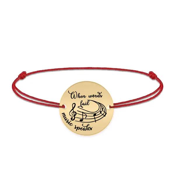 Music - Bratara personalizata snur simplu pentru iubitorii de muzica "When words fail, music speaks" din argint 925 placat cu aur galben 24 karate