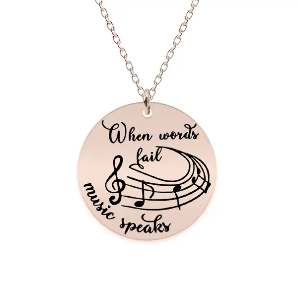 Music - Colier personalizat pentru iubitorii de muzica "When words fail, music speaks" din argint 925 placat cu aur roz