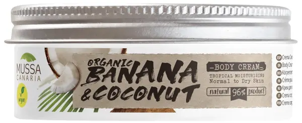 Mussa Canaria Cremă de corp, cu banane organice și ulei de cocoș din Insulele Canare, 70 ml
