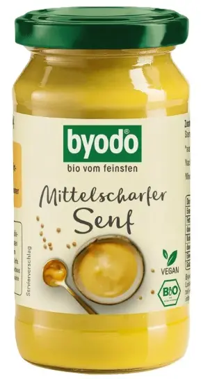 Muștar vegan organic, picant mediu, 200 ml, Byodo