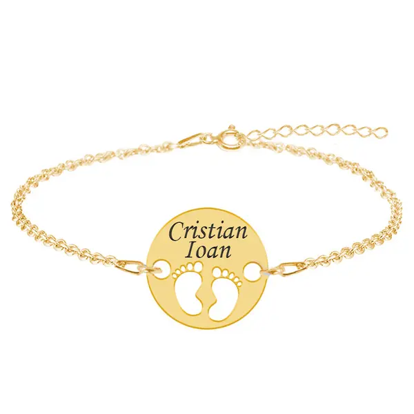My Kid - Bratara personalizata din argint placat cu aur galben 24K banut cu nume si talpite