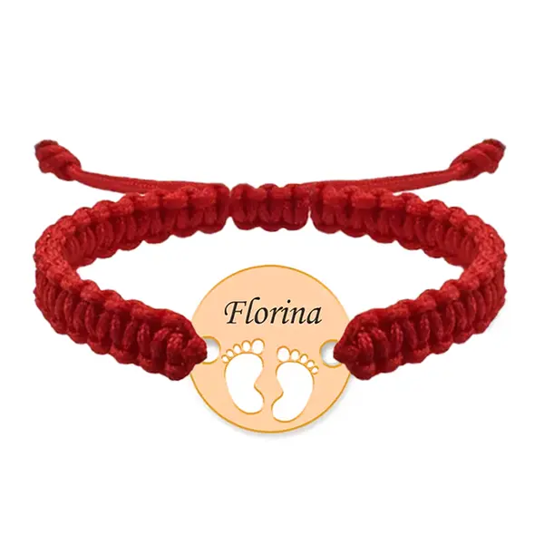 My Kid - Bratara personalizata snur impletit banut cu talpite si nume gravat din argint 925 placat cu aur roz