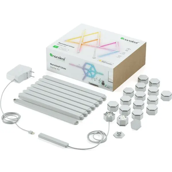 Nanoleaf Kit 15 panouri LED RGBW luminoase modulare inteligente Nanoleaf Lines Starter Kit, Wi-Fi, sincronizare muzica, lumina alba si colorata reglabila, compatibil Apple HomeKit, Amazon Alexa, Google Assistant