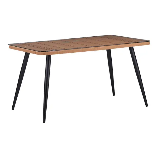 Naoki Pakoworld Masa din sticla-pe ratan cu finisaj din lemn natural si picioare negre 140x80x78cm Naoki Pakoworld Masă din sticlă și ratan, finisaj natural de lemn cu picioare negre, 140x80x78 cm.