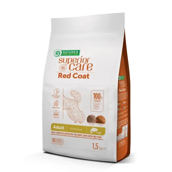 NATURES PROTECTION Superior Care Red Coat Small & Mini Breed, XS-S, Somon și Krill, hrană uscată fără cereale câini NATURES PROTECTION Superior Care Red Coat Small&Mini, Somon, hrană uscată fără cereale câini, intensificarea culorii, 1.5kg
