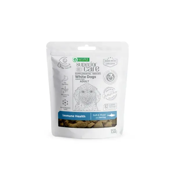 NATURES PROTECTION Superior Care White Dogs, XS-XL, Hering și Ceai verde, punguță recompense funcționale fără cereale câini, sistem imunitar, 150g