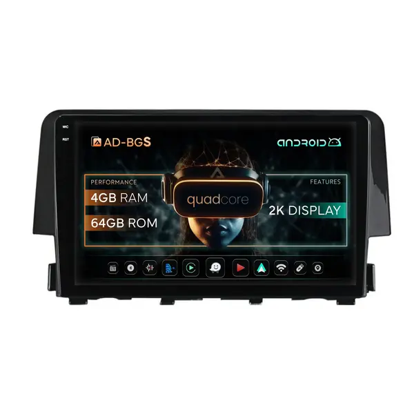 Navigatie 2K Honda Civic X Sedan (2015-2021), Android, S-Quadcore 4GB RAM + 64GB ROM, 9.5 Inch - AD-BGS90042K+AD-BGRKIT004