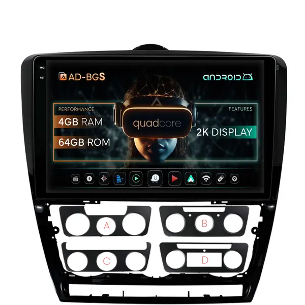 Navigatie 2K Skoda Octavia 2, Android, S-Quadcore 4GB RAM + 64GB ROM, 10.36 Inch - AD-BGS100042K+AD-BGRKIT048v2