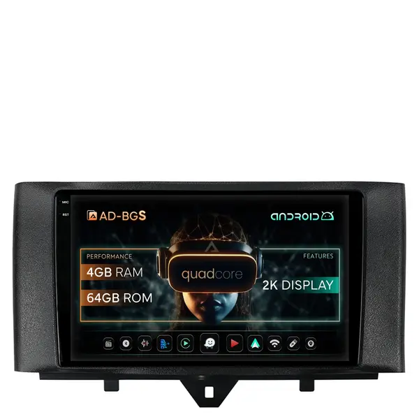 Navigatie 2K Smart Fortwo (2010-2015), Android, S-Quadcore 4GB RAM + 64GB ROM, 9.5 Inch - AD-BGS90042K+AD-BGRKIT409