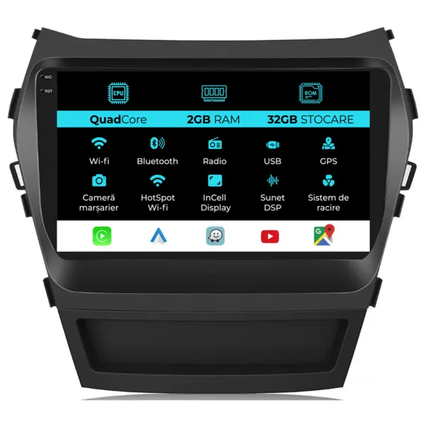 Navigatie Android Dedicata Hyundai IX45 SantaFe (2013-2017), 9Inch, 2Gb Ram, 32Gb Stocare, Carplay
