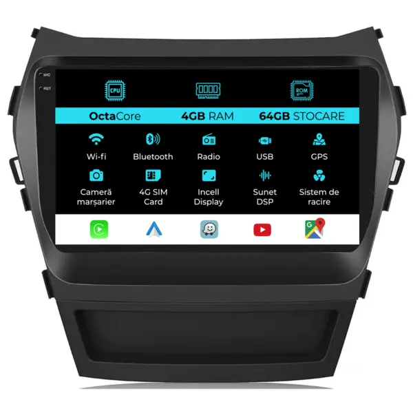Navigatie Android Dedicata Hyundai IX45 SantaFe (2013-2017), 9Inch, 4Gb Ram, 64Gb Stocare, Carplay