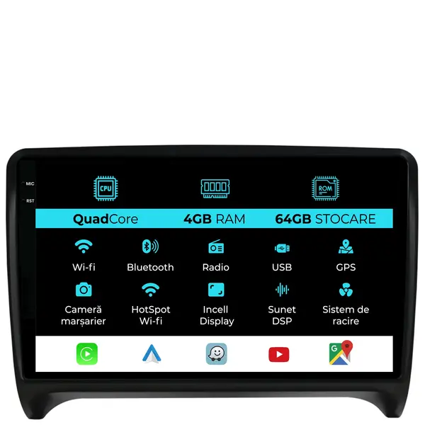 Navigatie Dedicata Audi TT (2006-2014), QuadCore, 9Inch, 4Gb Ram, 64Gb Stocare, Carplay