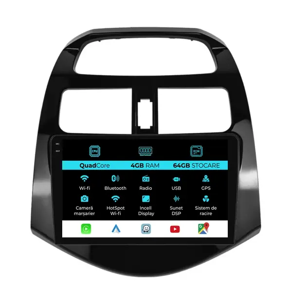 Navigatie Dedicata Chevrolet Spark (2009-2015), QuadCore, 9 Inch, 4Gb Ram, 64Gb Stocare, Android Auto, Carplay