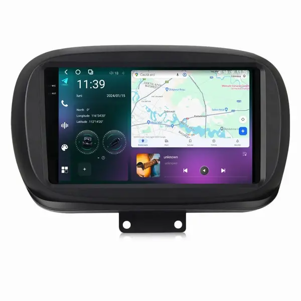 Navigatie dedicata cu Android Fiat 500X dupa 2014, 12GB RAM, Radio GPS Dual Zone, Display 2K QLED 9.5" Touchscreen, Internet Wi-Fi si slot SIM 4G, Bluetooth, MirrorLink, USB