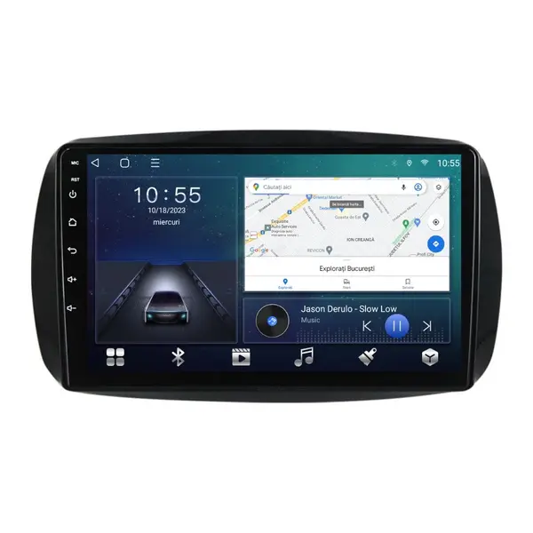 Navigatie dedicata cu Android Smart Fortwo dupa 2014, 2GB RAM, Radio GPS Dual Zone, Display HD QLED 9" Touchscreen, Internet Wi-Fi si slot SIM 4G, Bluetooth, MirrorLink, USB