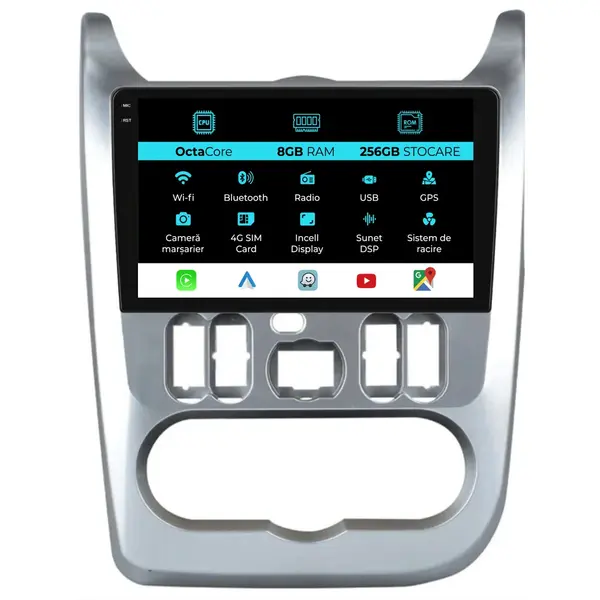 Navigatie Dedicata Dacia Logan Duster Sandero (2008-2013), 9Inch, 8Gb Ram, 256Gb Stocare, Carplay