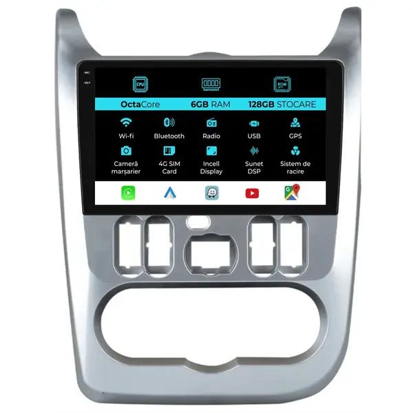 Navigatie Dedicata Dacia Logan Duster Sandero (2008-2013), 9Inch, 6Gb Ram, 128Gb Stocare, Carplay