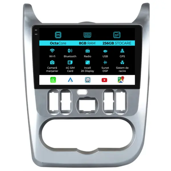 Navigatie Dedicata Dacia Sandero (2010 - 2020), 2K, 8Gb Ram, 256Gb Stocare, Android Auto, Carplay