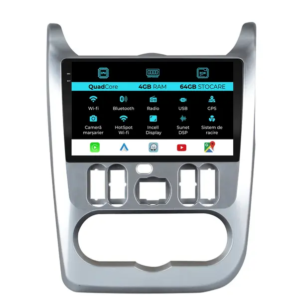 Navigatie Dedicata Dacia Sandero (2010 - 2020), QuadCore, 9 Inch, 4Gb Ram, 64Gb Stocare, Android Auto, Carplay