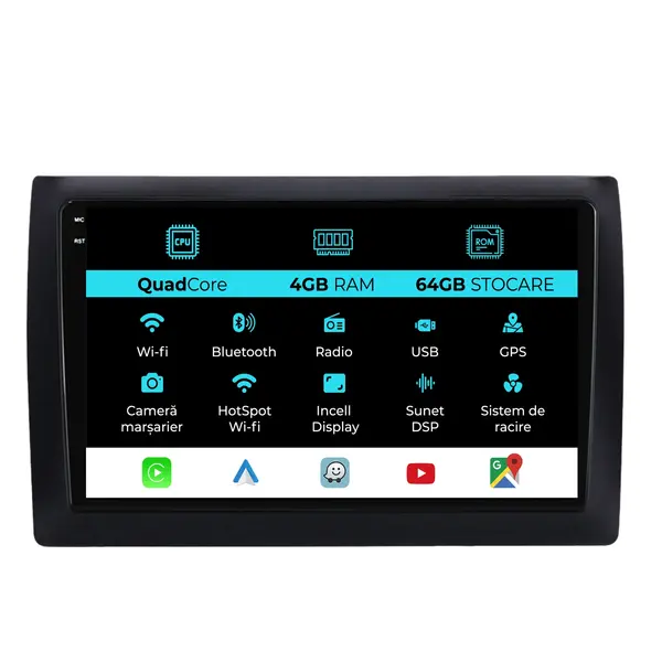 Navigatie Dedicata Fiat Stilo (2001-2010), QuadCore, 9 Inch, 4Gb Ram, 64Gb Stocare, Android Auto, Carplay