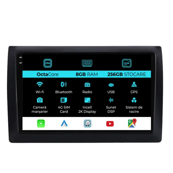 Navigatie Dedicata Fiat Stilo (2001-2011), 2K, 8Gb Ram, 256Gb Stocare, Carplay