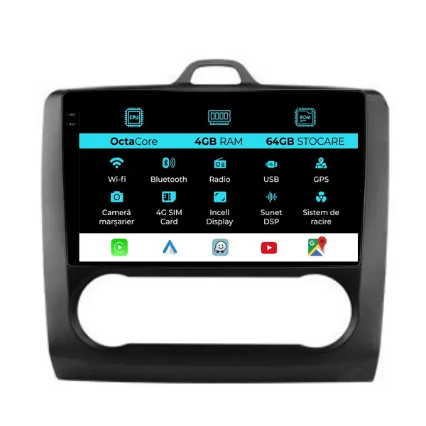 Navigatie Dedicata Ford Focus (2004-2012), 9Inch, 4Gb Ram, 64Gb Stocare, Carplay, Clima automata