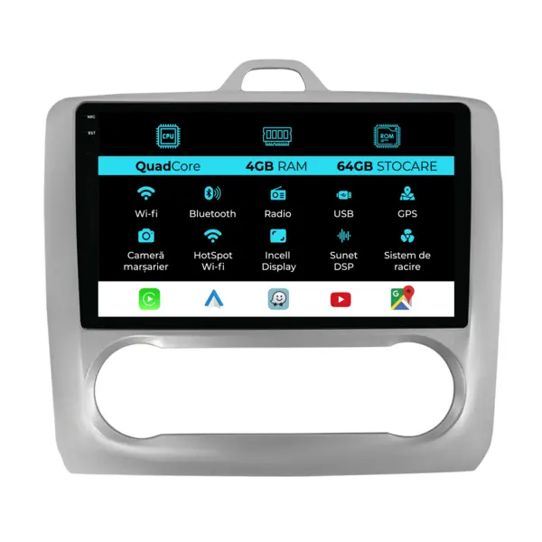 Navigatie Dedicata Ford Focus (2004-2012),QuadCore, 9Inch, 4Gb Ram, 64Gb Stocare, Carplay, Clima automata