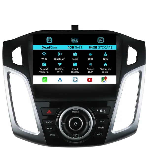 Navigatie Dedicata Ford Focus 3 (2012-2018),QuadCore, 9Inch, 4Gb Ram, 64Gb Stocare, Carplay
