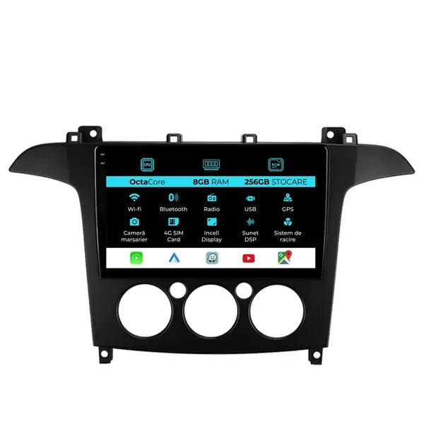 Navigatie Dedicata Ford S-Max (2006-2015), 9Inch, 8Gb Ram, 256Gb Stocare, Carplay, Clima manuala