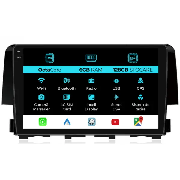Navigatie Dedicata Honda Civic (2015-2021), 9Inch, 6Gb Ram, 128Gb Stocare, Carplay