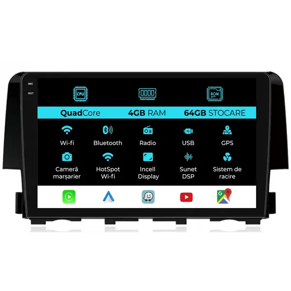 Navigatie Dedicata Honda Civic (2015-2021),QuadCore, 9Inch, 4Gb Ram, 64Gb Stocare, Carplay