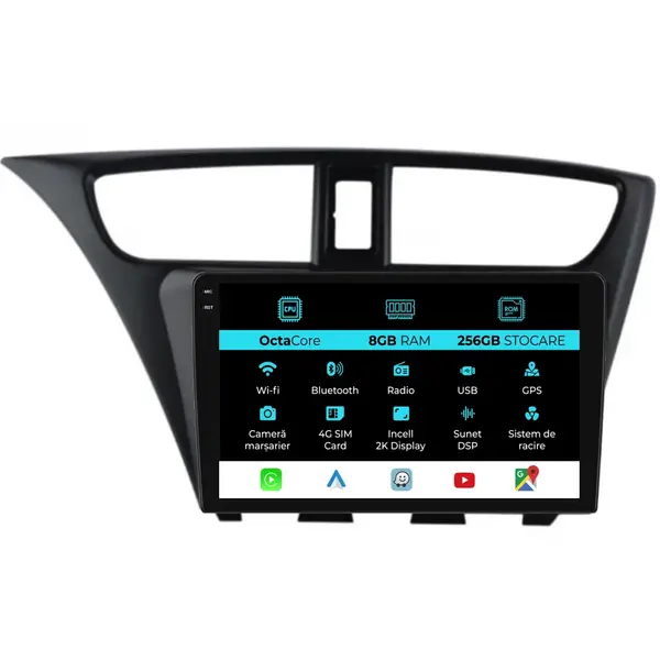 Navigatie Dedicata Honda Civic IX Hachback (2011-2017), 2K, 8Gb Ram, 256Gb Stocare, Carplay