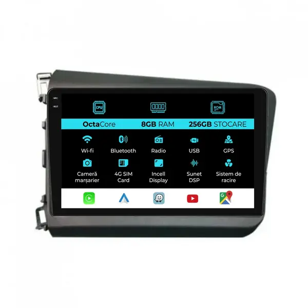 Navigatie Dedicata Honda Civic IX Sedan (2011-2015), 9Inch, 8Gb Ram, 256Gb Stocare, Carplay