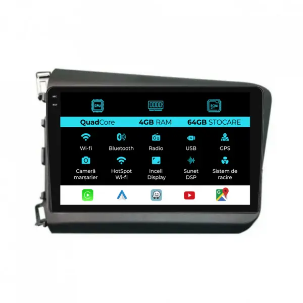 Navigatie Dedicata Honda Civic IX Sedan (2011-2015),QuadCore, 9Inch, 4Gb Ram, 64Gb Stocare, Carplay