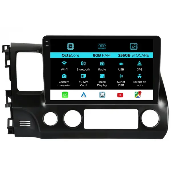Navigatie Dedicata Honda Civic VIII Sedan (2006 - 2011), 10 Inch, 8Gb Ram, 256Gb Stocare, Android Auto, Carplay