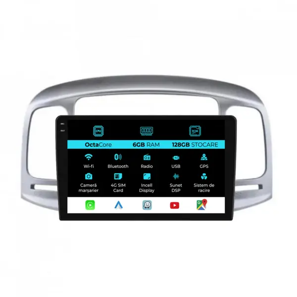 Navigatie Dedicata Hyundai Accent (2005 - 2012), 9 Inch, 6Gb Ram, 128Gb Stocare, Android Auto, Carplay