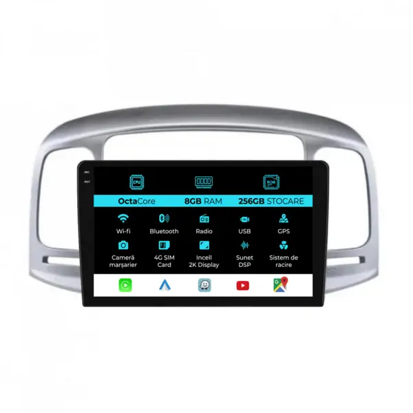 Navigatie Dedicata Hyundai Accent (2007-2012), 2K, 8Gb Ram, 256Gb Stocare, Carplay