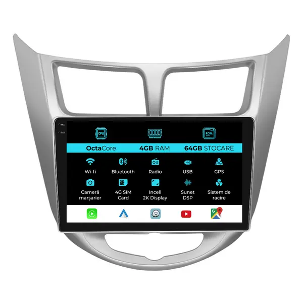 Navigatie Dedicata Hyundai Accent (2011-2016), 2K, 4Gb Ram, 64Gb Stocare, Android Auto, Carplay