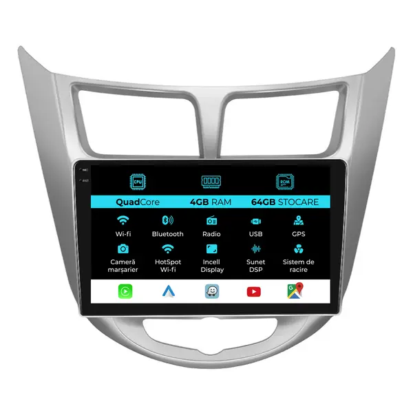 Navigatie Dedicata Hyundai Accent (2011-2016),Quadcore, 9 Inch, 4Gb Ram, 64Gb Stocare, Android Auto, Carplay