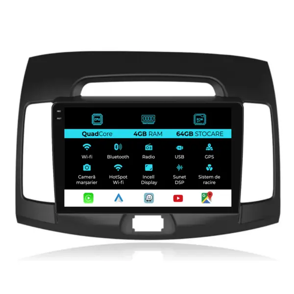 Navigatie Dedicata Hyundai Elantra (2006-2011), QuadCore, 9 Inch, 4Gb Ram, 64Gb Stocare, Android Auto, Carplay