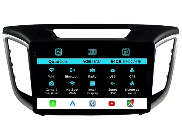 Navigatie Dedicata Hyundai IX25 (2015-2018), QuadCore, 10 Inch, 4Gb Ram, 64Gb Stocare, Android Auto, Carplay