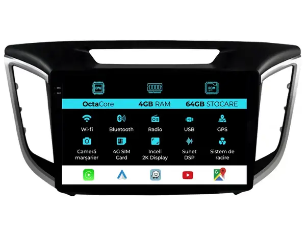 Navigatie Dedicata Hyundai IX25 (2015-2019), 2K, 4Gb Ram, 64Gb Stocare, Carplay