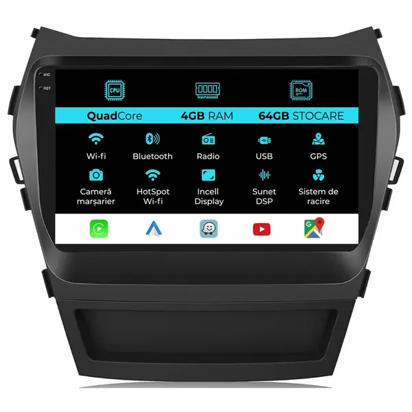 Navigatie Dedicata Hyundai IX45 SantaFe (2013-2017), QuadCore, 9 Inch, 4Gb Ram, 64Gb Stocare, Android Auto, Carplay
